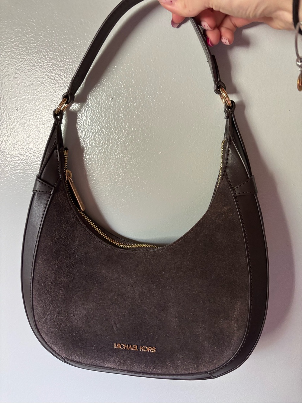 Michael Kors Dark Brown Suede Shoulder Bag with Gold Hardware